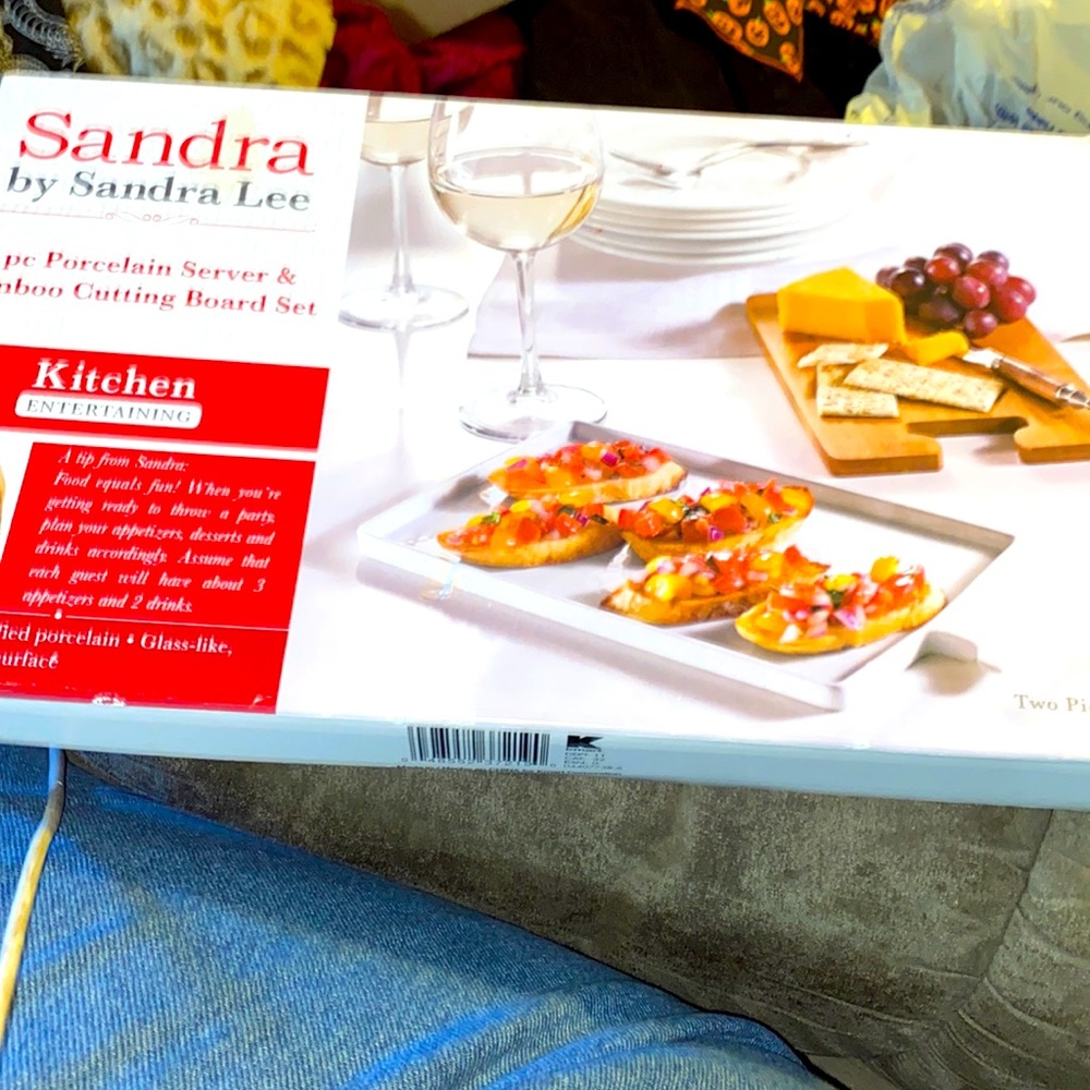 New Sandra two piece porcelain server and bamboo cutting board set